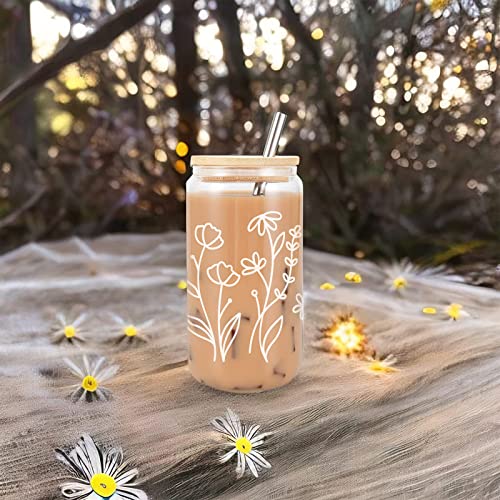 Coolife Floral Iced Coffee Cup - 16Oz Can Shaped Drinking Glass Cup W/Bamboo Lid Straw - Aesthetic Cups, Glass Coffee Tumbler, Flower Glass Cups For Beer Smoothie - Birthday Aesthetic Gifts For Women #TOP4