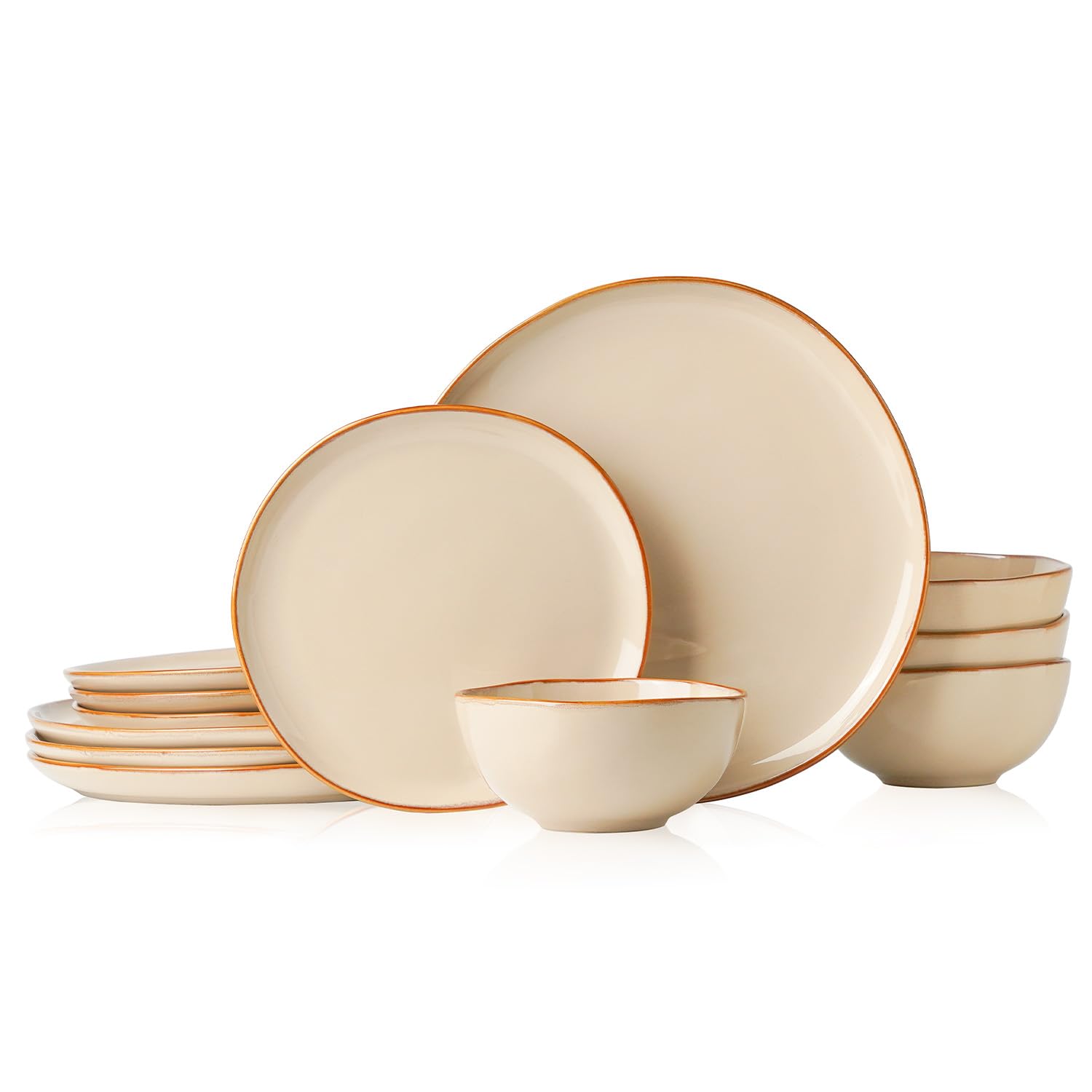 Stoneware Dinnerware Sets for 4, Reactive Glaze Plates and Bowls, Beige | 12-Piece Handcr…