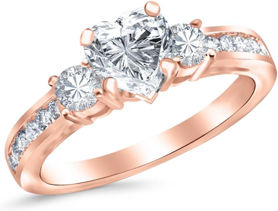 1.1 Carat GIA Certified Heart Cut 14K White Gold Channel Set 3 Three Stone Diamond Engagement Ring (I-J Color VS1-VS2 Clarity Center Stones)