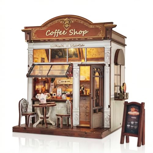 KOLOTESAME Coffee Shop Book Nook Kit DIY Miniature House 3D Wooden Puzzle with LED Light Bookshelf Insert Decor Tiny Dollhouse Building Kit for Adults & Teens Creative Hobby Gift for Book Lovers