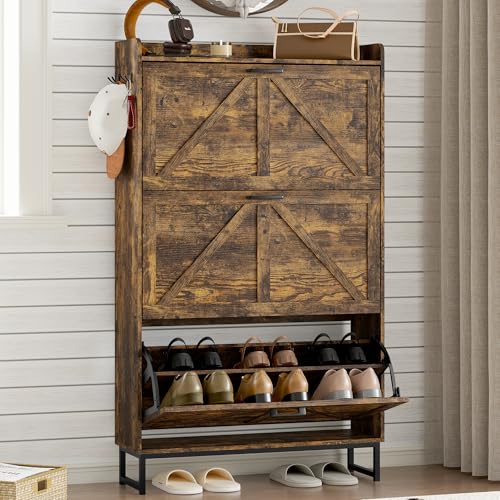 Image of BORNOON Shoe Cabinet with 3 Flip Drawers Narrow Shoe Storage Cabinet Organizer Wooden Freestanding Shoe Rack Hidden Slim Shoes Storage Cabinet for Entryway, Hallway, Living Room, Bedroom
