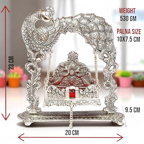 Image of KridayKraft Metal Laddu Gopal Jhulla For Janmastmi Festive Silver Plated Polish Decorative Metal Palna For Krishna Ji, Temple Office,Gift Article, 20 cm , 23 cm