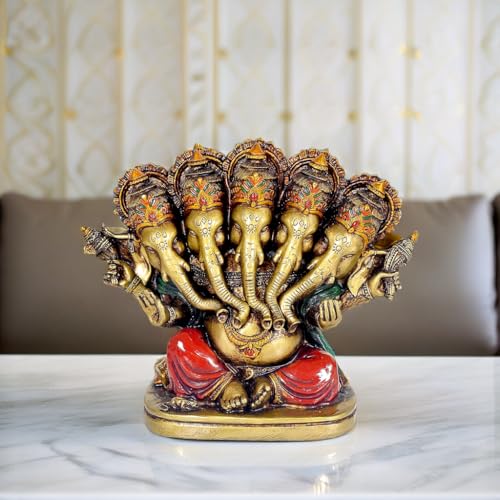 Image of Resin Panchmukhi Ganesha Decorative Showpiece, Panchmukhi Ganesha Idol, Home Decor, Office Gift Item, Multicolour, Height 5 Inches