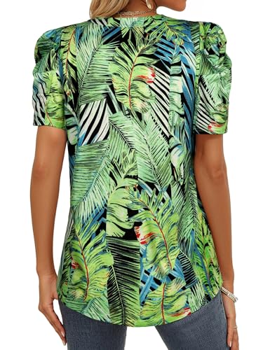 Ezcosplay Women Puff Sleeve Tops Floral Hawaiian Shirt Notched V Neck T-Shirt Casual Tropical Outfits4