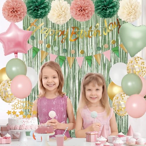 Image of Pink Sage Green Birthday Party Decorations kits for Girls Women with Happy Birthday Banner, Fringe Curtain,Foil Balloons,Tissue Pompoms,Dots Garland,Tassels Garland,Cake Topper for birthday decor