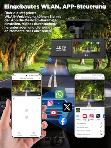 Topabol Dashcam Auto, 4K + 1080P Dashcam Auto Vorne Hinten, WiFi Dash Cam mit 64GB SD Karte, Dual Auto Kamera mit Nachtsicht, 170° Weitwinkel WDR, G-Sensor, Loop-Aufnahme, APP Steuerung, Max 256GB
