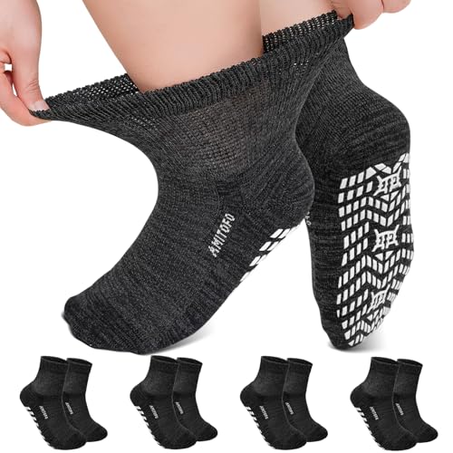 LOFIR Calze Donna Antiscivolo Diabetici: Calzini Bamboo senza Elastico senza Cuciture Extra Larghi per Gravidanza Anziana Caviglie Piedi Gonfi Nero 4 Paia 39-42