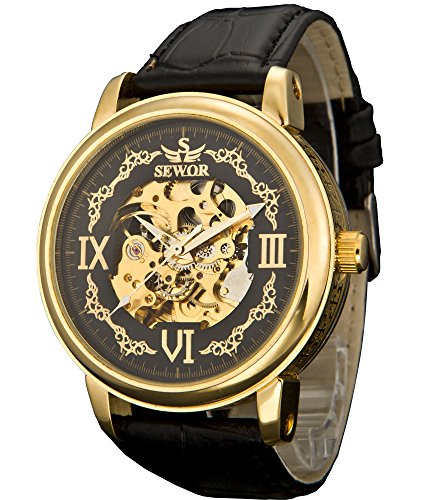 Crusader Mens Mechanische Handaufzugskelett transparente Armbanduhr SEW1133 (Gold schwarz)