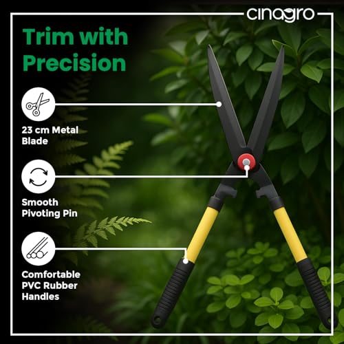 Image of Cinagro Garden Hedge Shears with PVC Handle, 3mm Thick Heavy Duty Carbon Steel Blade, Comfortable Rubber Grip for Trimming, Pruning, Cutting, Hedge Cutter Tool For Lawn, Shrub, Plant Branch Scissor