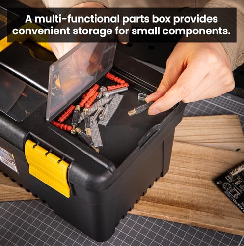 Image of Deli DL432414 14 inch Multipurpose Tool Box with Transparent Storage Isolation Tray & Two Layer Folding Structure Carry Handle Hand Tools Kit for DIY Home and Professional Use (Pack of 1, Yellow /Black)