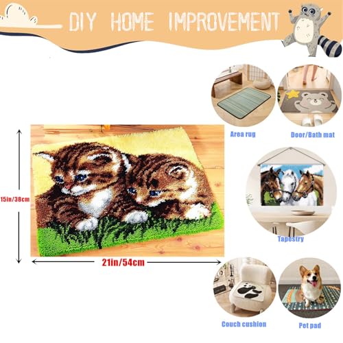 Image of EMISTEM Latch Hook Kits for Adults - DIY Latch Hook Rug Kits, Crochet Kit for Beginners, Rug Making Kits with Printed Canvas, Gift Packaging. (Two Grass Cats, 16x21 inch)