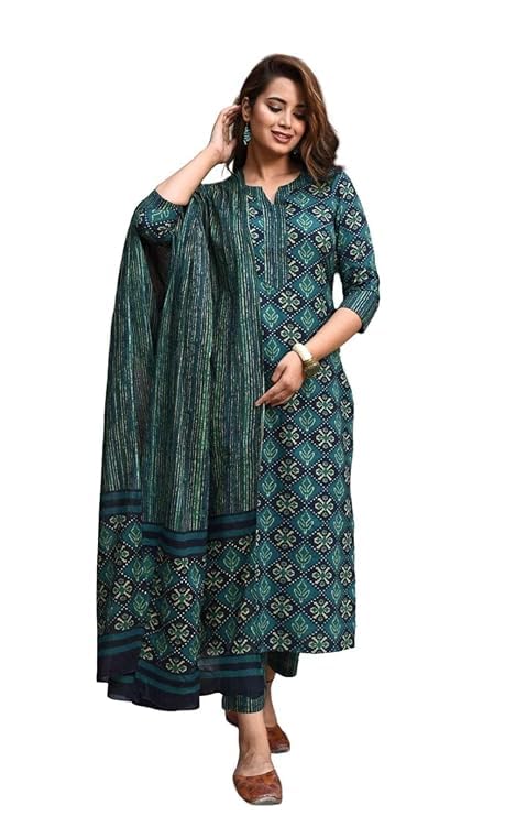 SABHYA FASHIONWomen's Stylish Rayon Kurti - Printed Calf Length Kurti, 3/4 Sleeve - Green - Perfect for Party, Festival, Wedding