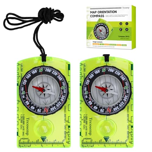 2PCS Compass Hiking Upgraded Version Survival for Kids Necklace Brujula Keychain Gear Lensatic Pocket Compasses Orienteering Pendant Boy Scout Kid Magnetic Waterproof Compasses.