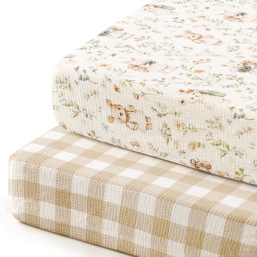 Image of GRSSDER 100% Cotton Muslin Crib Sheet 2 Pack - Breathable & Ultra-Soft Fitted Crib Sheets for Standard Baby & Toddler Mattresses, 52 inchx28 inch with 9 inch Deep Pocket, Snug Fit All-Around Elastic