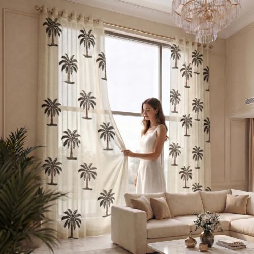 Image of LINENWALAS Cotton Linen Printed Sheer Curtain Set of 2 Panels with Eyelet Hanging, Palm Tree Printed Window Curtains Non Blackout Light Filtering Curtains (5 Feet, Natural Palm Tree)