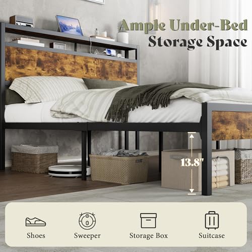 Image of AMERLIFE King Size Bed Frame with Storage Headboard & Charging Station, Industrial Metal Platform Bed with Large Under-Bed Storage, Heavy Duty Slats, No Box Spring Needed, Dark Brown