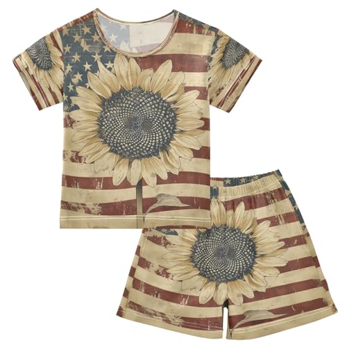 senya Short Sleeve Pajamas Sets Summer Cotton Sleepwear Vintage Sunflower with American Flag