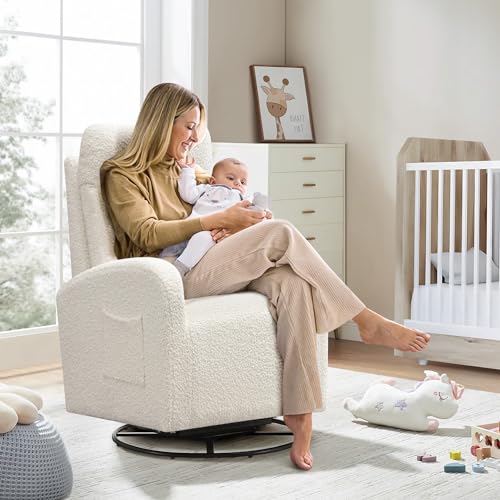 Image of 360° Swivel Glider Chair for Nursery, Modern Ergonomic Rocker Round Boucle Upholstered Comfy High Back Accent Rocking Chairs Recliner Side Pocket and Headrest for Living Room, Bedroom Cream White
