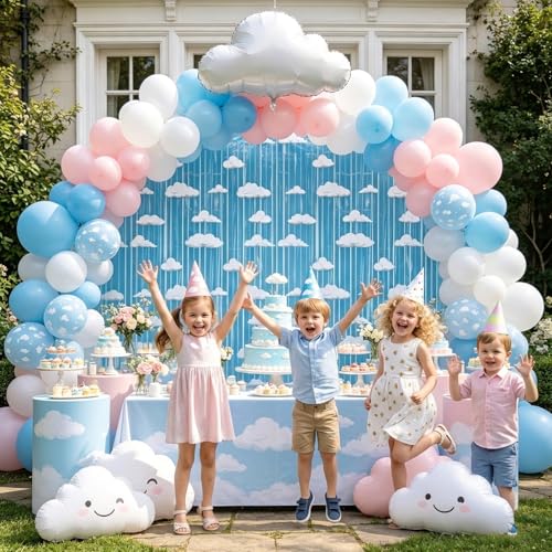 Image of 4 Packs Blue Sky Foil Fringe Curtain, White Clouds Metallic Tinsel Backdrop for Kids Toy Birthday Baby Shower Cartoon Story Party Decorations Supplies