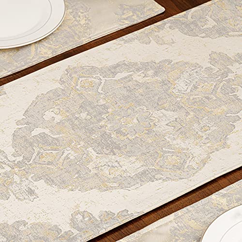 Loom And Mill Luxury Table Runner 90 Inches Long, Elegant Damask Jacquard Table Runners With Handmade Multi-Tassels For Dining Room Dresser Party Holiday Banquet Decoration(Beige, 13X90 Inch) #TOP5