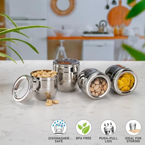Image of Sumeet Stainless Steel Conical Shape Canisters /Dabba /Storage Containers for Kitchen with See Through Lid, Set of 4 Pcs, 400ml Each, 8.5cm Dia, Silver