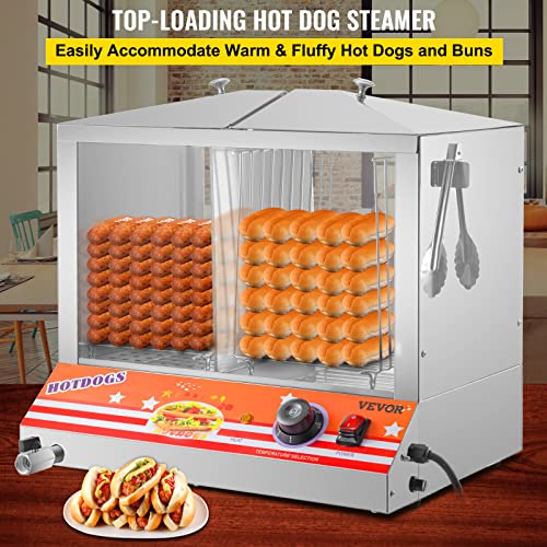 VEVOR Electric Hot Dog Steamer, 36L/32.69Qt Capacity for 100 Hot Dogs & 48 Buns, Stainless Steel Bun Warmer Cooker, with Acrylic Windows Partition Plate Shelves Food Clip PTFE Tape
