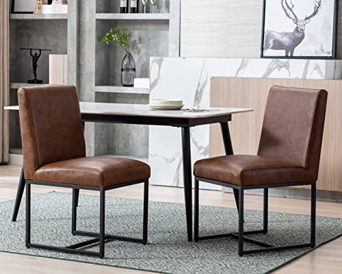Cimota Modern Dining Chairs Set Of 2, Leather Dining Room Chairs Upholstered Mid Century Armless Guest Side Chair With Black Base For Dining Room/Kitchen, Vintage Brown 2Pcs #TOP5