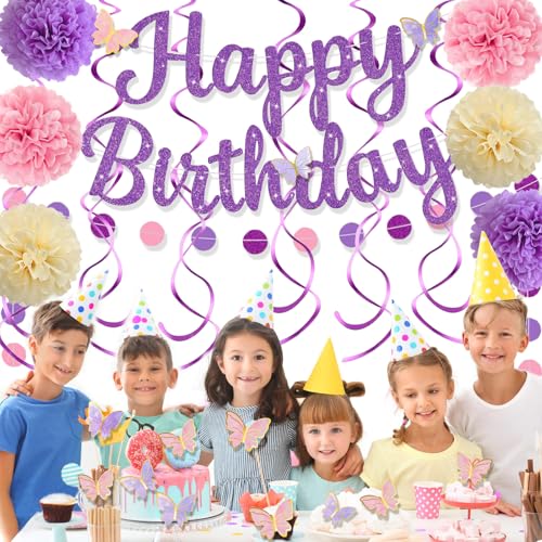 Image of Pink Purple Birthday Decorations, Happy Birthday Banner and Paper Pompoms, Hanging Swirls, Circle Dots Garland, Butterfly Stickers Cake Toppers for Girls Women Party Decorations
