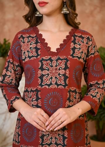Image of Cotton Block Print Co-ord Set, Maroon and Black, V-Neck Top with Matching Pants