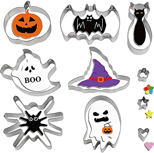 SULOLI Molde Galletas Halloween(10 Unidades)，Cortadores de Galletas de Halloween,Diseño de Galletas de Acero Inoxidable para Decoración de Galletas,Pasteles