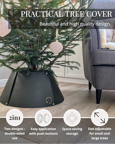 LIVLIG-2-in-1-Adjustable-Christmas-Tree-Collar-with-Gold-Print-Christmas-Tree-Skirt-Christmas-Tree-Stand-Cover-Faux-Leather-6-usable-Elements-Maximum-Size-27-inches-Gray-Green LIVLIG 2 in 1 Adjustable Christmas Tree Collar with Gold Print Christmas Tree Skirt Christmas Tree Stand Cover Faux Leather 6 usable Elements Maximum Size 27 inches Gray Green