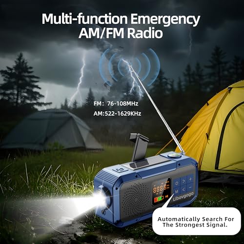 Emergency Weather Radio with IPX5 Waterproof Portable Bluetooth Speaker,USB-C Solar Hand Crank,Multi-Function AM FM Radio,Flashlight,SOS Alarm,2000mAh Cell Phone Charger for Home and Camping Survival by libovgogo - Image 2
