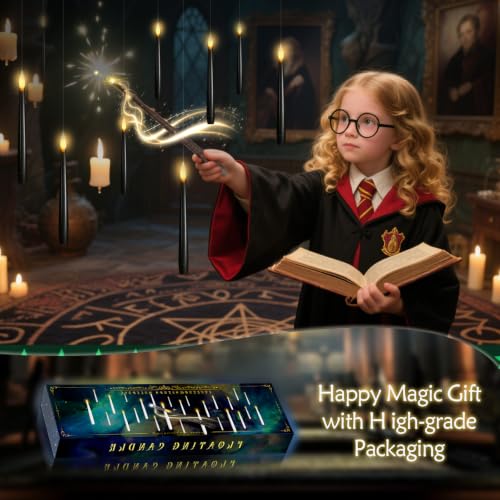 Image of kakoya Flameless Floating Candles with Wand,12 Pcs Magic LED Hanging Taper Candles,Flickering Battery Operated Taper Candle with Wand Remote for Halloween Decorations Best Gift(Black)