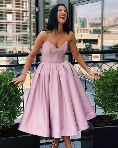 Image of Women's A Line Strapless Backless Prom Dress, Sleeveless Sweetheart Neck Satin Homecoming Dresses
