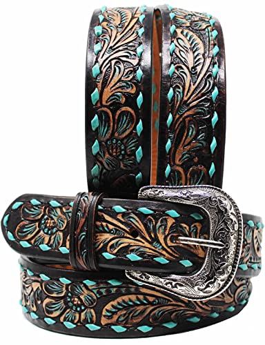 CHALLENGER 43-44 Western 1 1/2" Wide Rodeo Floral Tooled Teal Buckstitch Leather Belt 26FK112