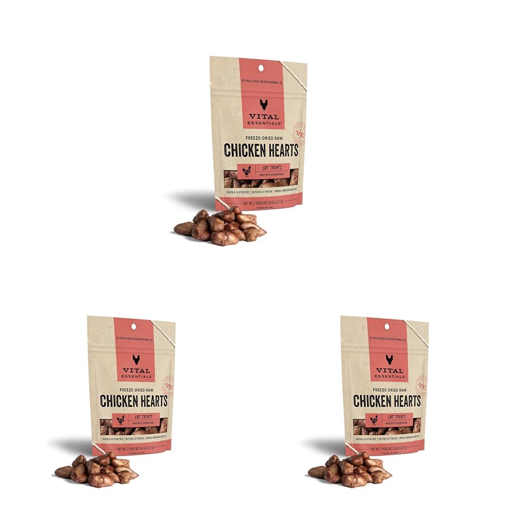 Vital Essentials Freeze Dried Raw Single Ingredient Cat Treats, Chicken Hearts, 0.8 OZ (Pack of 3)