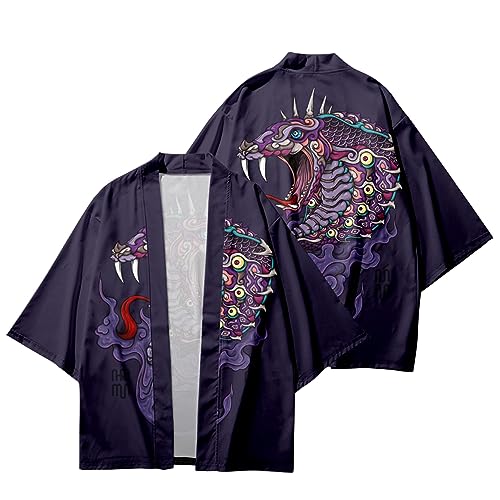Image of DOSLAVIDA Men's Japanese Kimono Cardigan Suit Chinese Style Printed Jacket Pants Set Open Front Seven Sleeve Top & Shorts