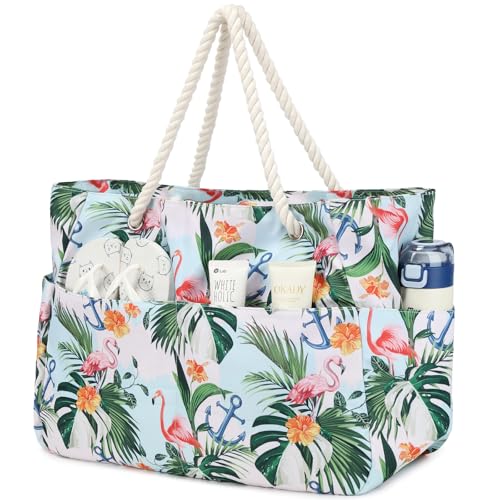 Suweir Borsa Mare Donna Grande XXL Famiglia Borsa da Spiaggia con Cerniera e tasca Impermeabile Borsa da Mare Beach Bag Shopping Borsa Tote Bag per Spiaggia Viaggio Piscina Vacanze (Fenicottero)