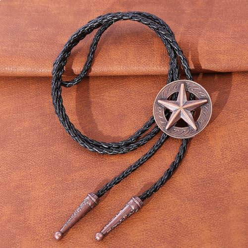 Image of Btilasif Bolo Tie for Men Vintage Western Cowboy Texas Star Leather Necktie Necklace Costume Accessories for Men,copper