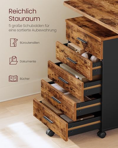 VASAGLE Rollcontainer, mobiler Aktenschrank, Schubladenschrank, Druckerständer mit 5 Schubladen, mit schraubenlosen Gleitschienen, für Büro, Homeoffice, vintagebraun OFC081KD02