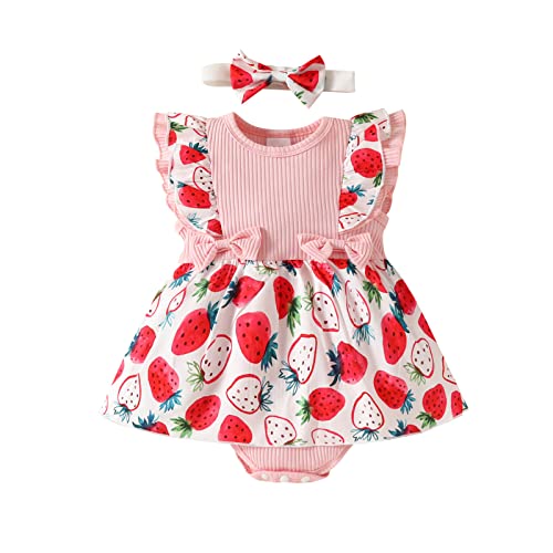 Säugling Mädchen Ärmellose Erdbeer-Drucke Gerippter Strampler Neugeborene Bodysuits Kleid Stirnbänder Set Baby Mädchen Neugeborene Kleidung (Rot, 0-3 Monate)