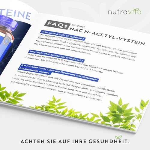 Nutravita NAC Kapseln - N-Acetyl-Cystein 600 mg - 150 Vegane NAC Kapseln Hochdosiert - 5 Monate Versorgung - N Acetyl Cystein Aminosäuren - Keine synthetischen Füllstoffe & Bindemittel