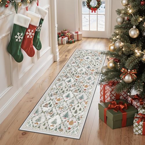 Madane Washable Christmas Runner Rug - 2x6 Grey Rug Runners for Hallways 6 Foot Non Slip Vintage Kitchen Runner Ultra-Thin Bathroom Xmas Holiday Decor Carpet Laundry Room Bedroom