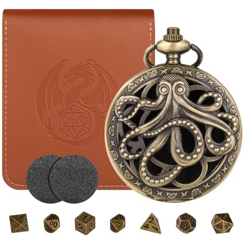 Mini DND Dice Set Steampunk Hollow Octopus Pocket Watch Shell Case, 7-Piece Polyhedral Metal D&D Dice Set, DND Gifts with Leather Bag, Role Playing Board Game Accessories Dice, Bronze Cover