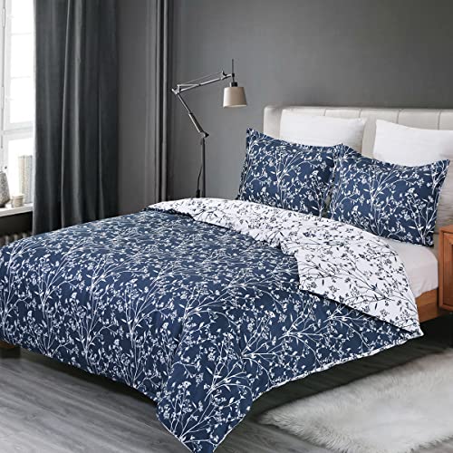 Vaulia Soft Microfiber Floral Duvet Cover Set, Modern Bedding Set, Navy Blue And White Color Reversible Design 3-Piece (1 King Duvet Cover 2 Pillow Shams) #TOP1