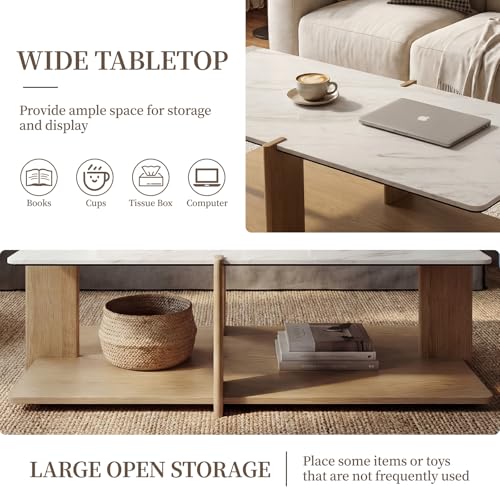 Image of HNY 50 inch Modern Open Frame Coffee Table with Storage & Marble Top, Solid Wood Construction, Hollow Visual Design for Living Room, Office, Hotel Lobby - Natural
