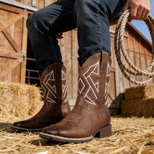 Image of Cowboy Boots for Men Western Square Toe Embroidered Slip Resistant Durable Ankle Boots for Spring Fall