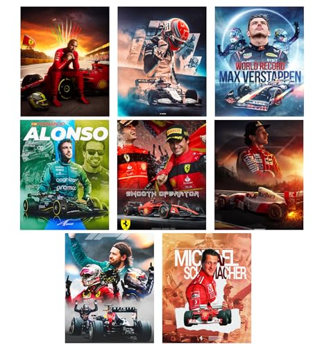 Image of F1 Posters for Wall Set of 8 A4 Size 300 GSM - Formula One Merchandise Stickers Poster Wallpaper for Wall Gifts - Merch Gift Ideas - Car Poster gifts for boys