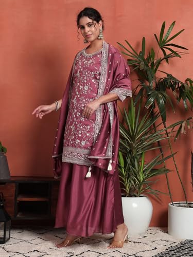Image of SHOPPING QUEEN Women's Silk Blend Embroidered Kurta and Palazzo Set