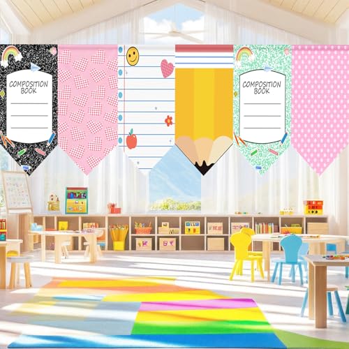 HunnmingRe 6 Pcs Classroom Curtains Back to School Decoration Composition Book Notebook Pencil Curtains 24 x 36 First Day of School Party Decor Colorful for Daycare Bedroom Playroom Room Window